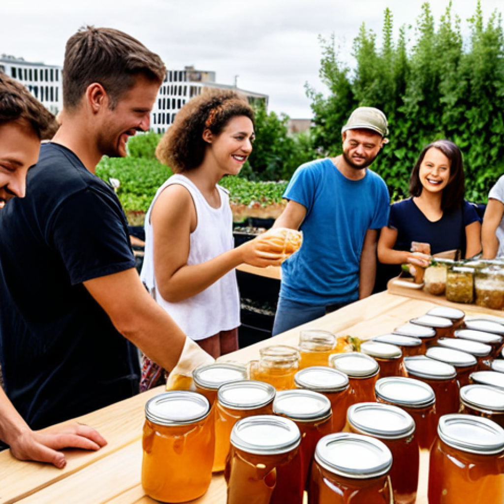 **

> A vibrant, bustling urban setting with rooftop gardens showcasing various fermentation setups. Focus on diverse demographics (young adults, older individuals) engaging with the process – tending to kombucha SCOBYs, pickling vegetables in jars, and experimenting with sourdough starters. The style should be modern and clean, highlighting the trend of sustainability and urban farming. A family is smiling.

**