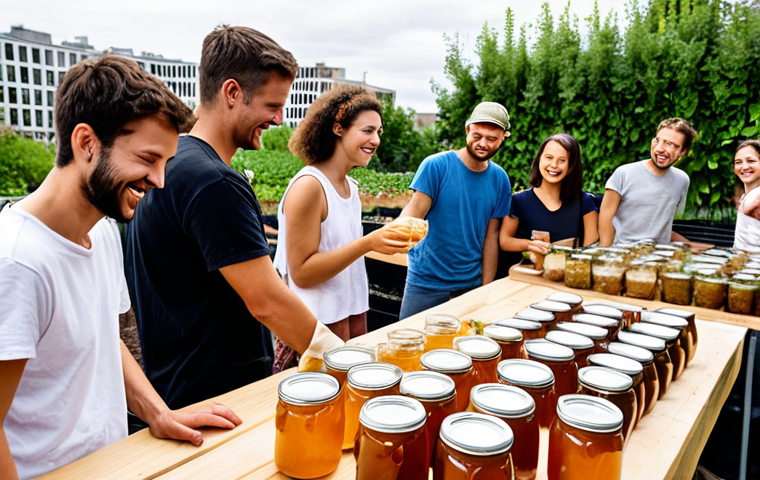 **
> A vibrant, bustling urban setting with rooftop gardens showcasing various fermentation setups. Focus on diverse demographics (young adults, older individuals) engaging with the process – tending to kombucha SCOBYs, pickling vegetables in jars, and experimenting with sourdough starters. The style should be modern and clean, highlighting the trend of sustainability and urban farming. A family is smiling.
**