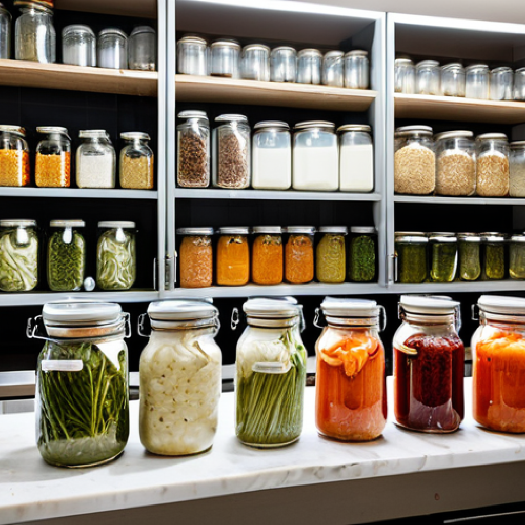 Urban Fermentation Workshop - Focus on Equipment**
"A brightly lit, clean urban kitchen space dedicated to fermentation. Focus on gleaming glass jars with various ferments (sauerkraut, kimchi), ceramic fermentation weights, and a stainless steel vegetable slicer. Jars are neatly labeled. Background shows shelves with cookbooks and dried herbs. Safe for work, appropriate content, fully clothed, professional, well-organized, perfect anatomy, natural proportions, high quality, modern aesthetic, modest setting."
**