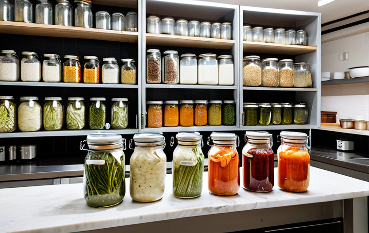 Urban Fermentation Workshop - Focus on Equipment**
"A brightly lit, clean urban kitchen space dedicated to fermentation. Focus on gleaming glass jars with various ferments (sauerkraut, kimchi), ceramic fermentation weights, and a stainless steel vegetable slicer. Jars are neatly labeled. Background shows shelves with cookbooks and dried herbs. Safe for work, appropriate content, fully clothed, professional, well-organized, perfect anatomy, natural proportions, high quality, modern aesthetic, modest setting."
**
