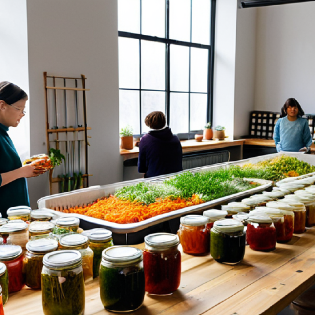 Fermentation Workshop Ambiance**
"A bright and welcoming fermentation workshop space filled with natural light, shelves stocked with colorful jars of fermenting foods (kimchi, sauerkraut, kombucha). Participants are gathered around a large wooden table, fully clothed in casual, comfortable attire, engaging in a hands-on demonstration. The atmosphere is warm and inviting. Safe for work, appropriate content, professional workshop setting, perfect anatomy, natural proportions, well-lit, high quality."
**