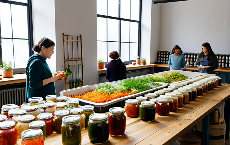 Fermentation Workshop Ambiance**
"A bright and welcoming fermentation workshop space filled with natural light, shelves stocked with colorful jars of fermenting foods (kimchi, sauerkraut, kombucha). Participants are gathered around a large wooden table, fully clothed in casual, comfortable attire, engaging in a hands-on demonstration. The atmosphere is warm and inviting. Safe for work, appropriate content, professional workshop setting, perfect anatomy, natural proportions, well-lit, high quality."
**
