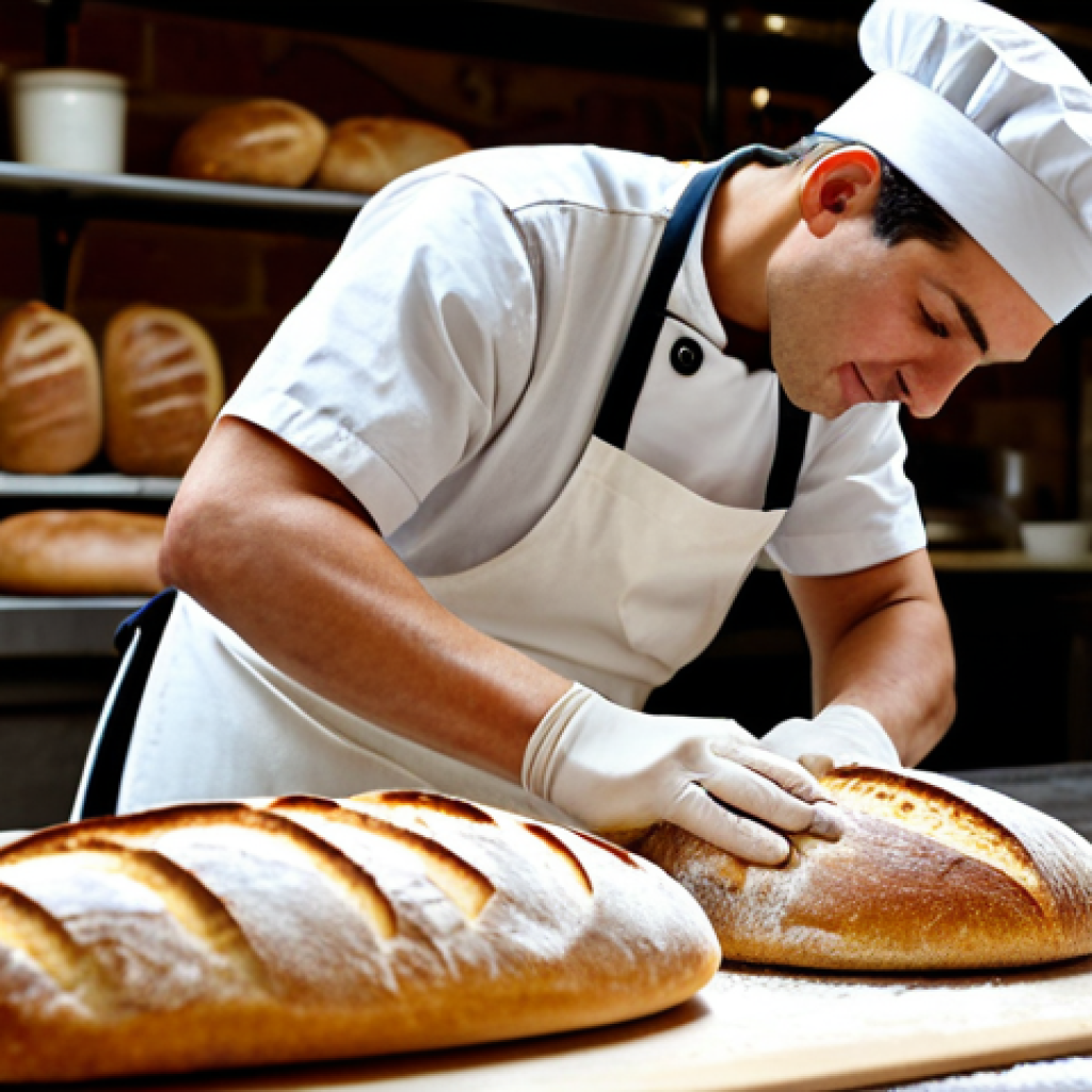 도시 발효실에서의 발효 제품 시식 이벤트 - Sourdough Bread Baker**
A professional baker, fully clothed in a clean apron and chef's hat, carefu...