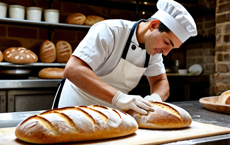 도시 발효실에서의 발효 제품 시식 이벤트 - Sourdough Bread Baker**
A professional baker, fully clothed in a clean apron and chef's hat, carefu...
