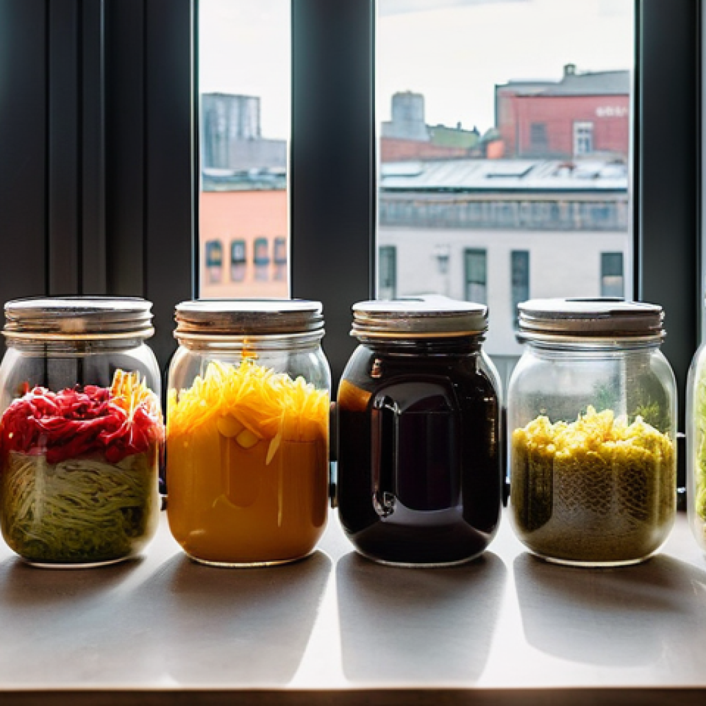 도시 발효실 운영을 위한 교육 자료 - **Urban Fermentation Haven:**
A vibrant, sun-drenched close-up of a modern, organized kitchen co...