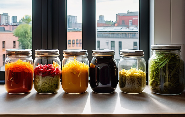 도시 발효실 운영을 위한 교육 자료 - **Urban Fermentation Haven:**
A vibrant, sun-drenched close-up of a modern, organized kitchen co...