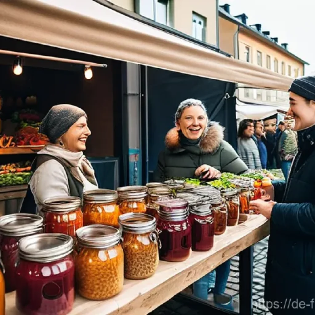 도시 발효실 운영을 위한 인력 관리 방법 - **Prompt:** A bustling, sunlit local food market in Berlin, showcasing artisan food stalls. In the f...