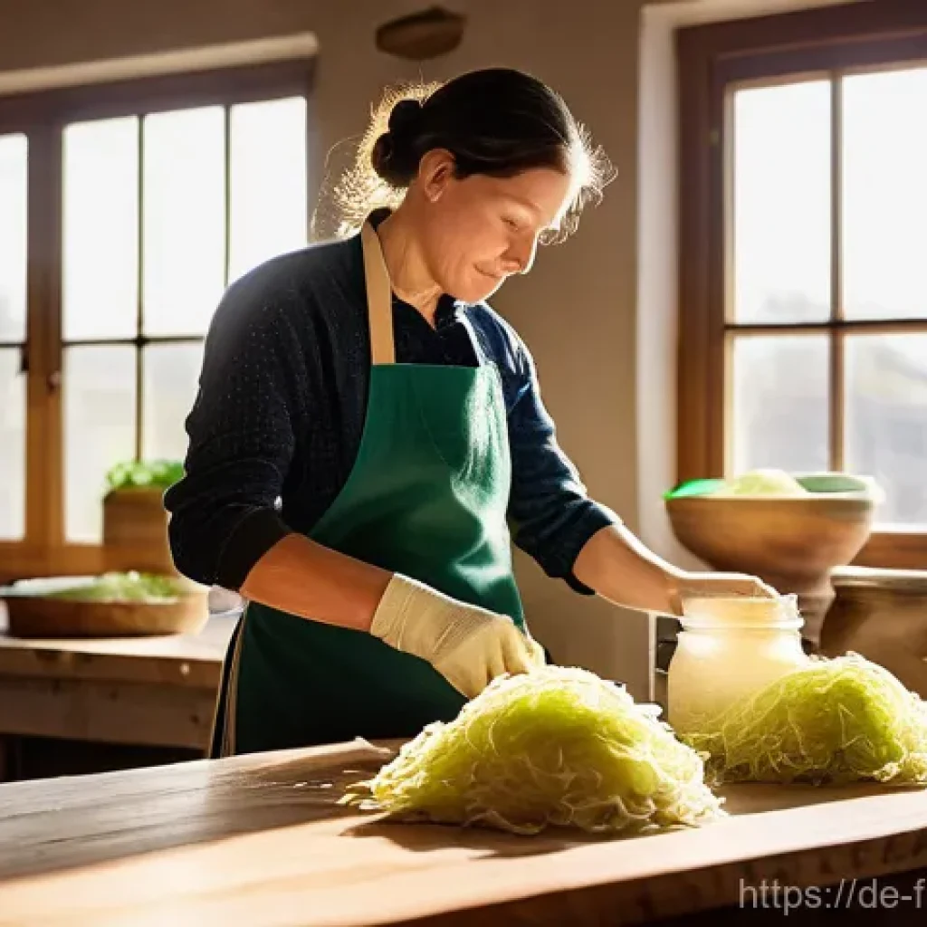 도시 발효실에서의 커뮤니케이션 전략 - "A skilled artisan, wearing a clean apron and modest, comfortable clothing, meticulously preparing a...