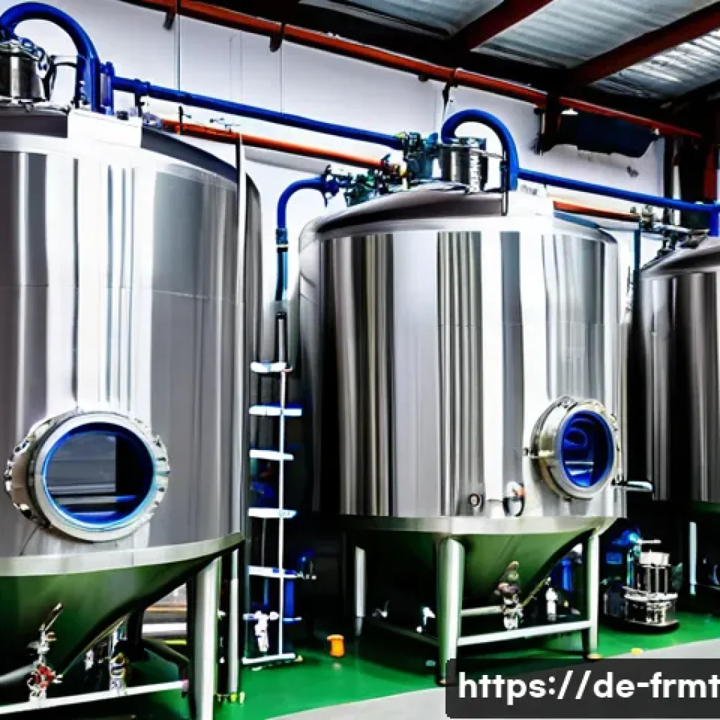 도시 발효실 운영 비용 분석 - A modern urban fermentation facility interior showing large stainless steel fermentation tanks with ...