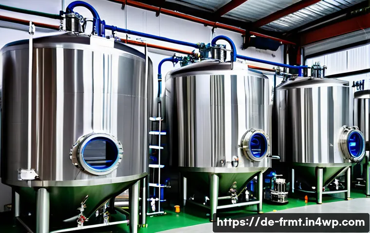 도시 발효실 운영 비용 분석 - A modern urban fermentation facility interior showing large stainless steel fermentation tanks with ...
