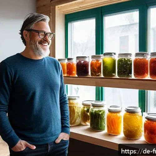 Home 31 도시 발효실의 고객 맞춤형 서비스 - A modern urban fermentation studio interior with diverse jars of fermenting vegetables like kimchi, ...