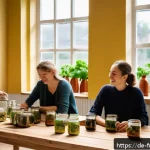 Home 23 도시 발효실의 판매 촉진 전략 - A cozy urban fermentation lab interior in a German neighborhood, featuring local farmers and produce...
