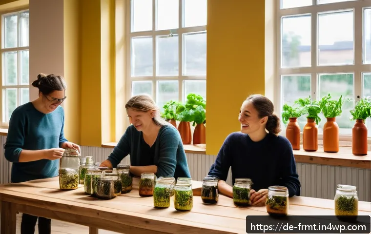 도시 발효실의 판매 촉진 전략 - A cozy urban fermentation lab interior in a German neighborhood, featuring local farmers and produce...